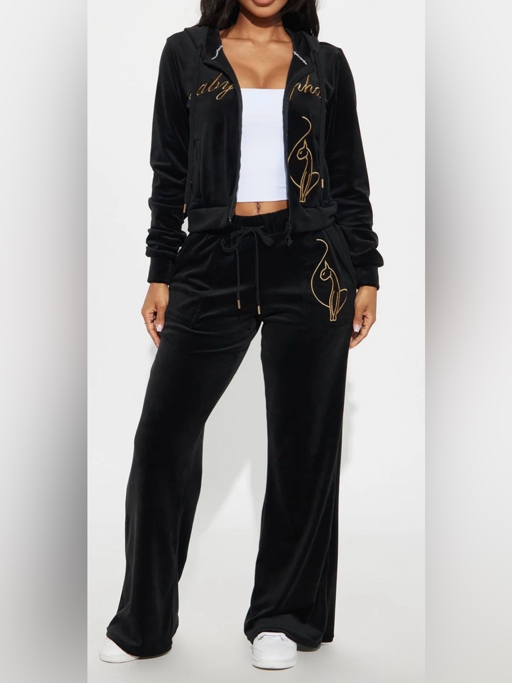 Baby Phat Velour Track Suit Y2K 2 pc Set Zip Up Jacket Pants Womens  black